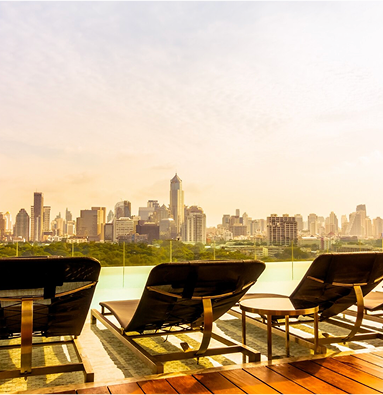 Spa hotel with city skyline view